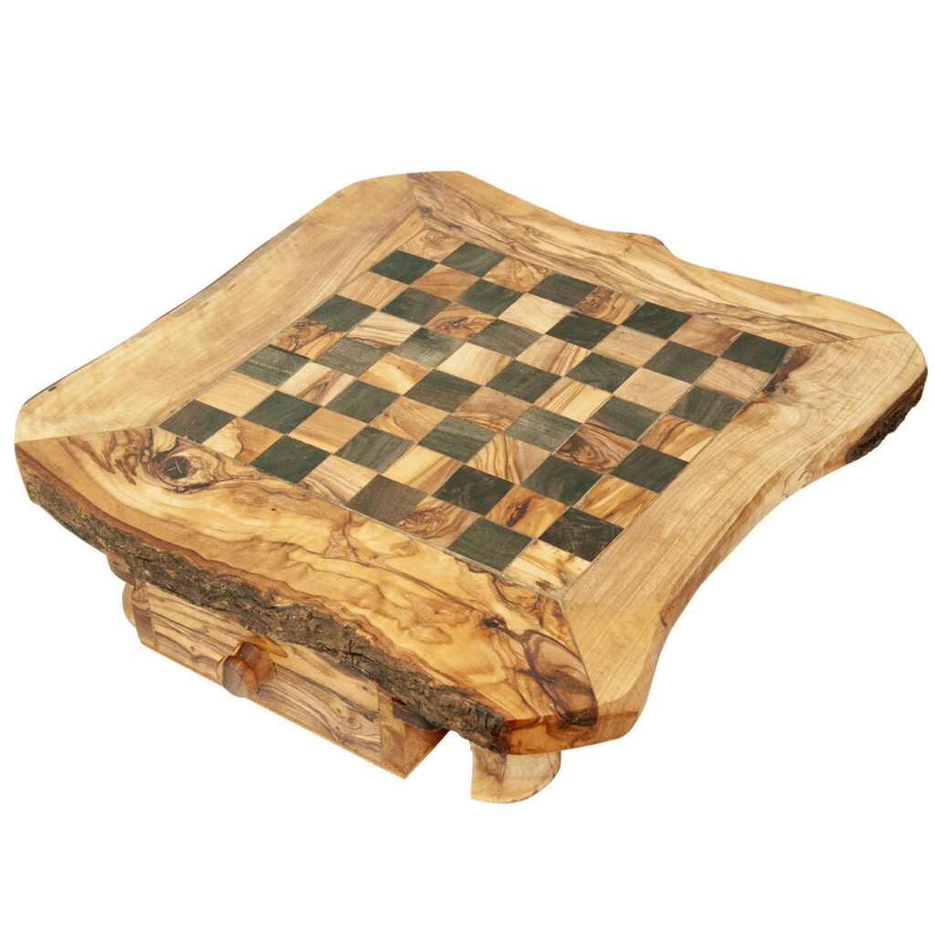 Schachbrett mit Figuren, 100% Olivenholz, mit Schublade, L 30 x B 30 cm