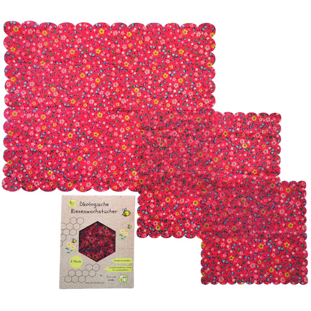 Bienenwachstücher, 3 Stück, eckige Form, rotes Blumen-Design