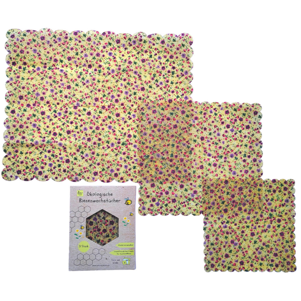 Bienenwachstücher, 3 Stück, eckige Form, gelbes Blumen-Design