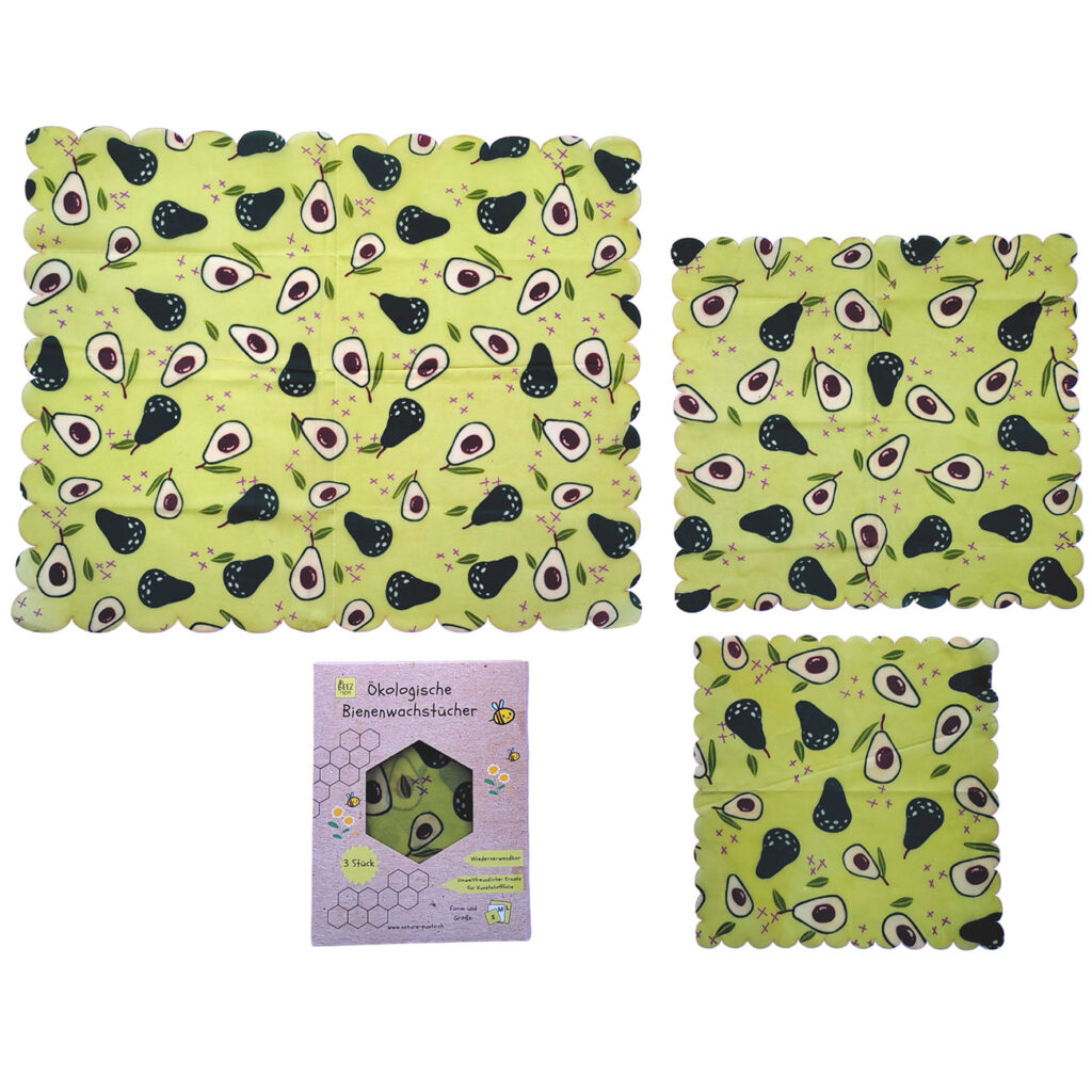 Bienenwachstücher, 3 Stück, eckige Form, Avocado-Design