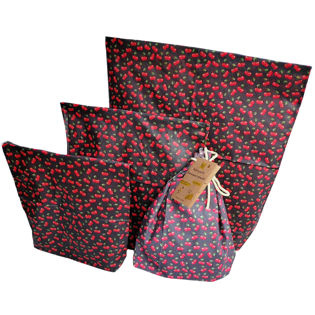 Bienenwachsbeutel, 3 Stück, eckige Form, rotes Kirschen-Design