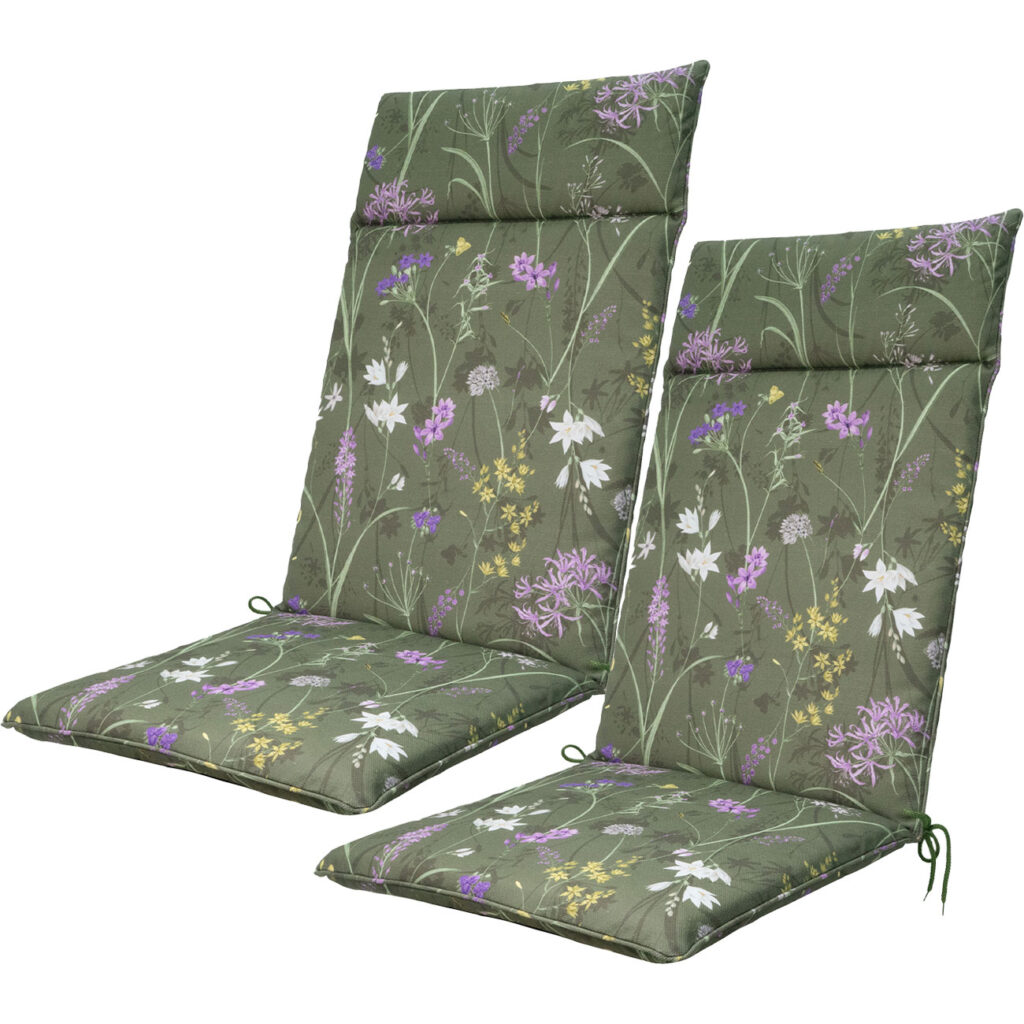 2er-Set Hochlehner-Auflage, Gartenstuhlkissen wasserabweisend, Blumenmuster grün, 120x50cm