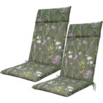 2er-Set Hochlehner-Auflage, Gartenstuhlkissen wasserabweisend, Blumenmuster grün, 120x50cm