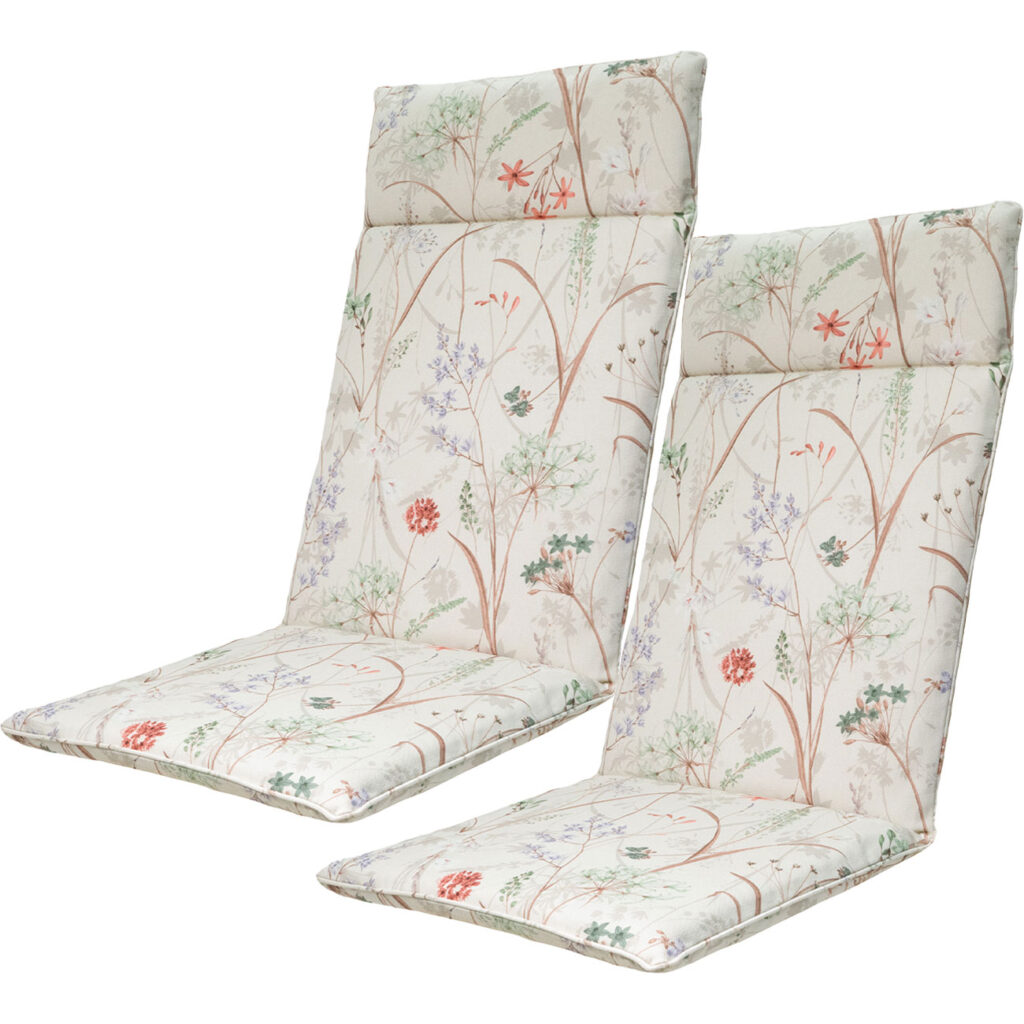 2er-Set Hochlehner-Auflage, Gartenstuhlkissen wasserabweisend, Blumenmuster weiss 120x50cm
