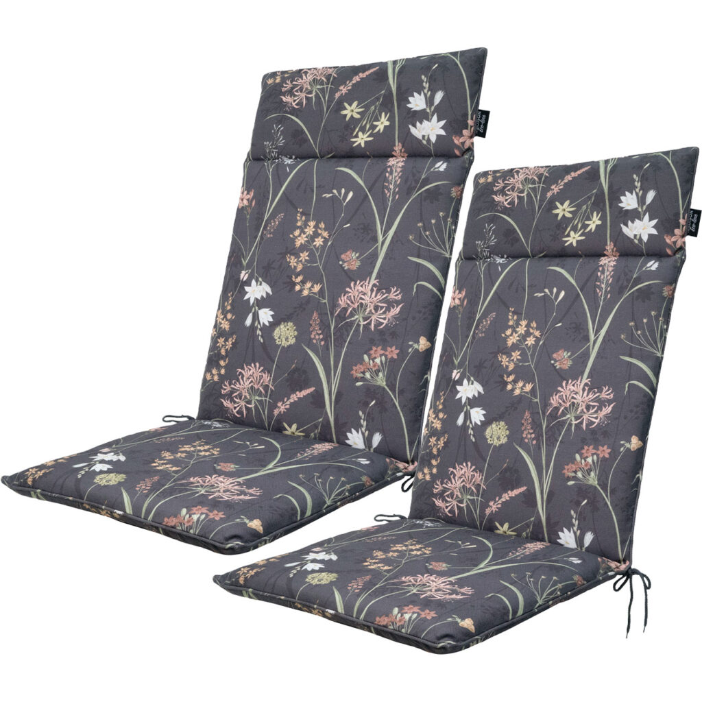 2er-Set Hochlehner-Auflage, Gartenstuhlkissen wasserabweisend, Blumenmuster anthrazit