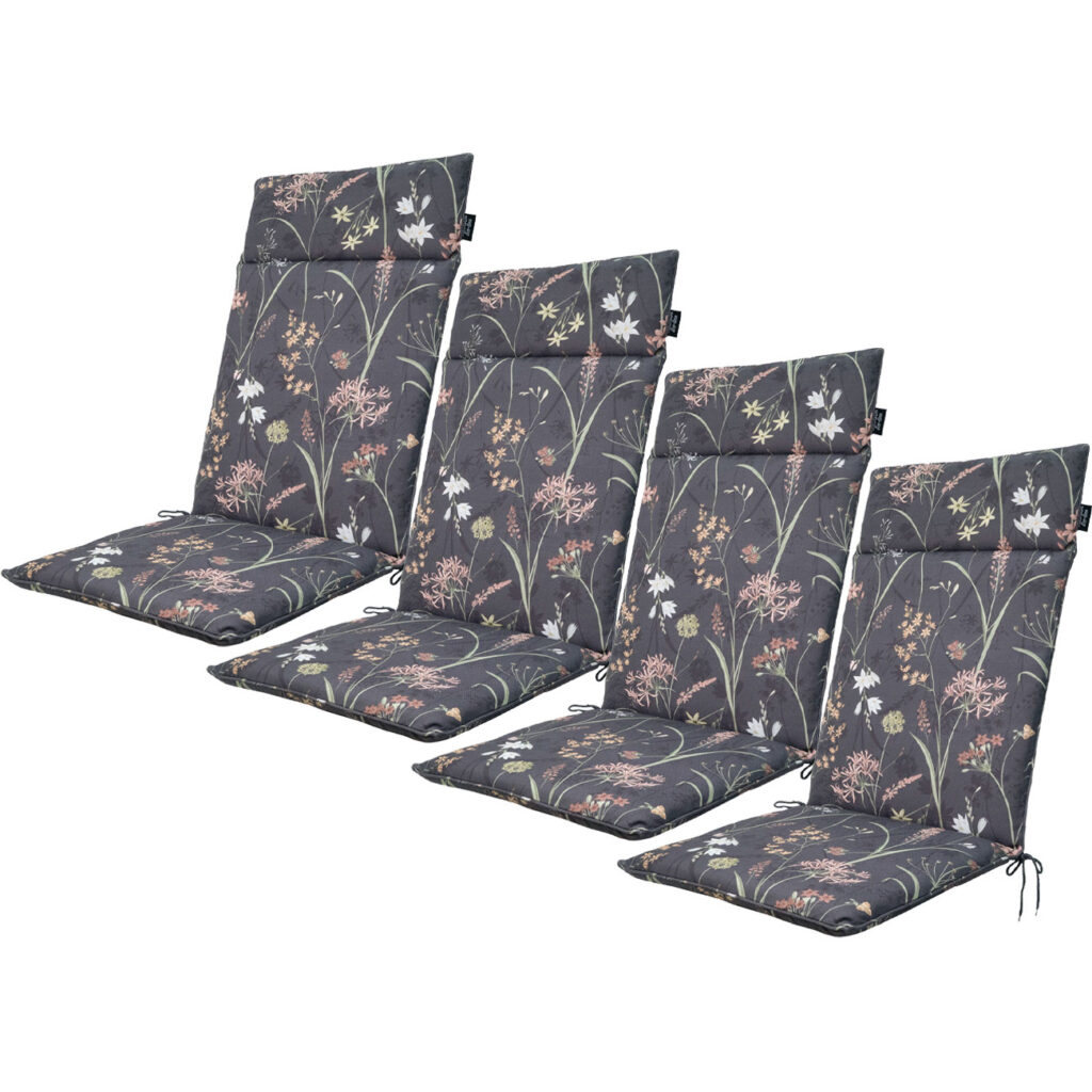4er-Set Hochlehner-Auflage, Gartenstuhlkissen wasserabweisend, Blumenmuster anthrazit