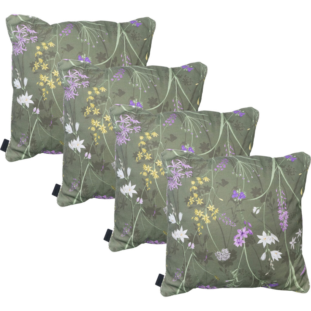 4er-Set Deko-Kissen Outdoor, Blumenmuster grün, 50 x 50 x 10 cm