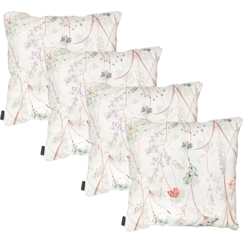 4er-Set Deko-Kissen Outdoor, Blumenmuster weiss, 50 x 50 x 10 cm