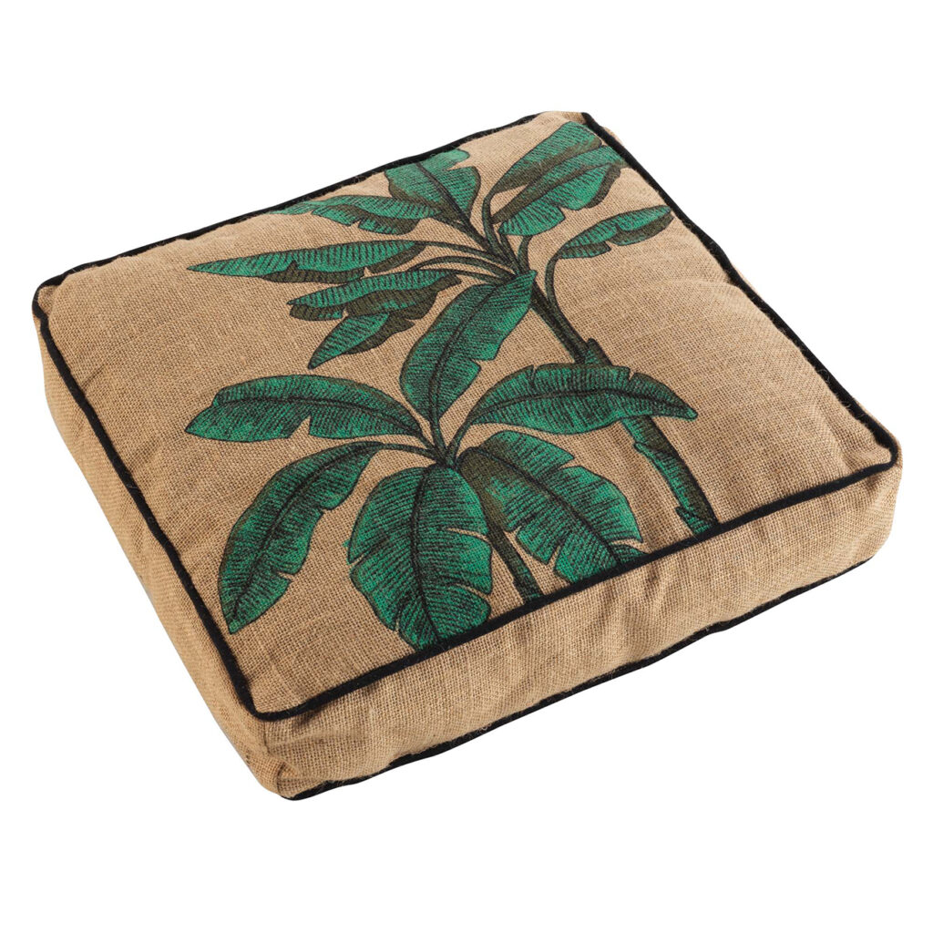 Bodenkissen aus Jute, Füllung Baumwolle, Pflanzen-Druck, 40 x 40 x 8 cm