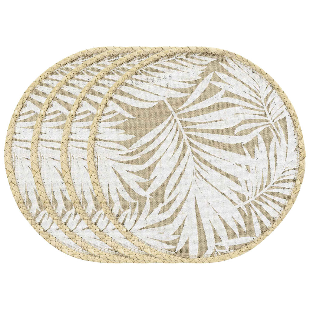 Tischsets rund Blattmuster 4er-Set, Platzdeckchen aus Jute, braun, weiss, je 38 x 38 cm