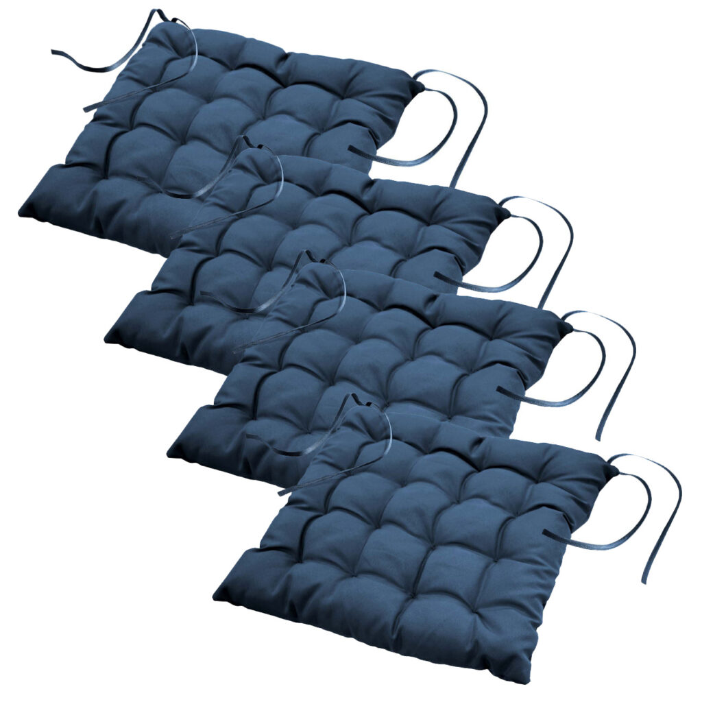 4er-Set Stuhlkissen gesteppt aus Polyester, Sitzkissen mit Bändchen, marineblau, 40 x 40cm
