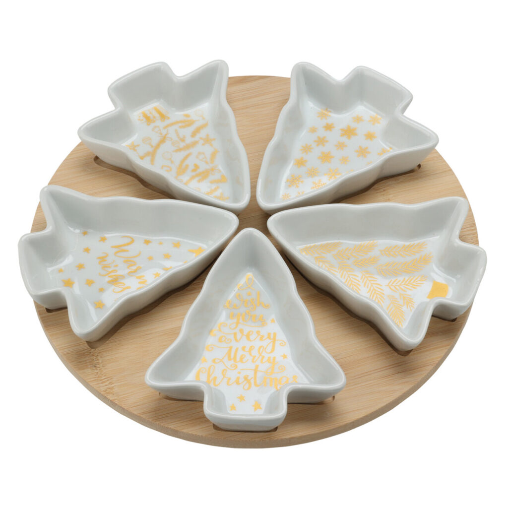 Servierset 6-teilig aus Keramik und Bambus, Schalen in Tannenform, 26,5 x 26,5 x 50 cm