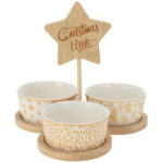 Servierset 4-teilig aus Keramik und Bambus, Schalen gemustert, weiss, gelb