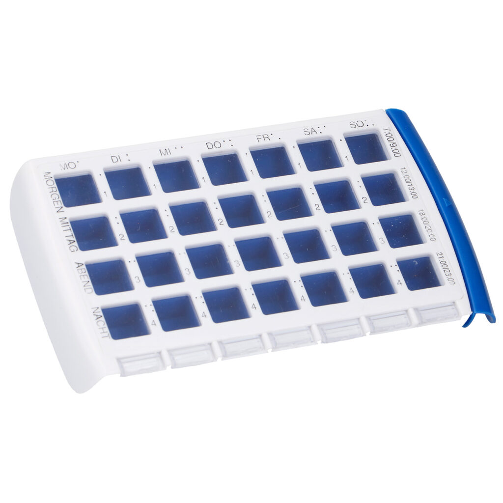 Pillenbox mit 28 Fächern, 7 Tage mit je 4 Fächern Pillenbox mit 28 Fächern, 7 Tage mit je 4 Fächern