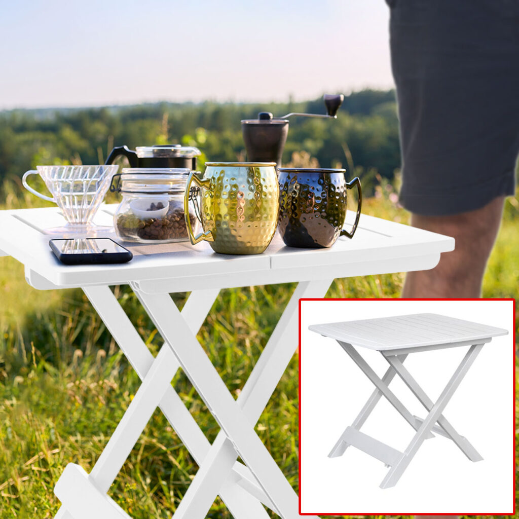 Beistelltisch aus Kunststoff, klappbarer Gartentisch, weiss, 45 x 43 x 50 cm