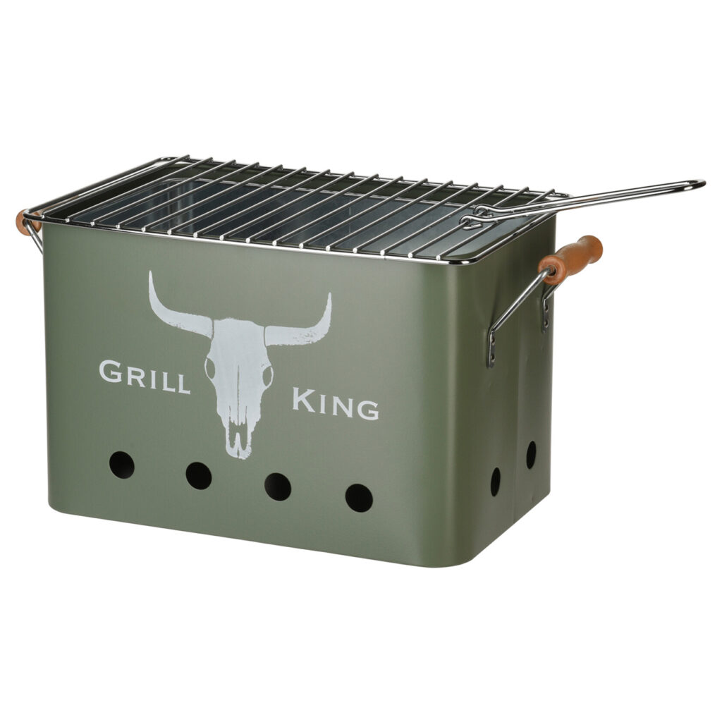 Mini Holzkohlegrill aus Zink, Campinggrill mit Griff, grün, weiss, 32,5 x 21 x 21 cm
