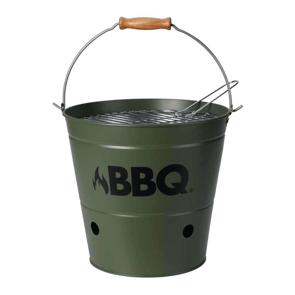 Grilleimer aus Metall mit Aufdruck, Campinggrill mit Henkel, grün, 26,5 x 25 cm