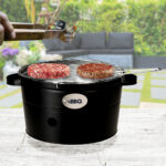 Holzkohlegrill aus Metall, Balkongrill mit Griffen, matt schwarz, silber, 34 x 20 cm