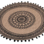 Rundes Tischset aus Jute, mit Bommel, braun, schwarzes Muster 38 x 38 cm