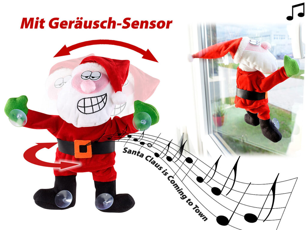 Singender & tanzender Weihnachtsmann mit Saugnäpfen & Geräusch-Sensor