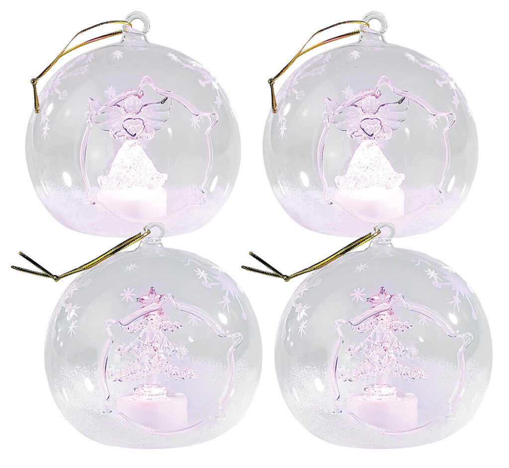 Mundgeblasene LED-Glas-Ornamente in Kugelform, 4er-Set