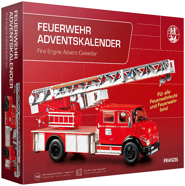 Adventskalender Feuerwehrauto, Bausatz Löschfahrzeug mit Anleitung, Werkzeug und Diorama