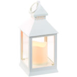 Laterne mit flackernder LED-Kerze und Timer, Batteriebetrieb, weiss