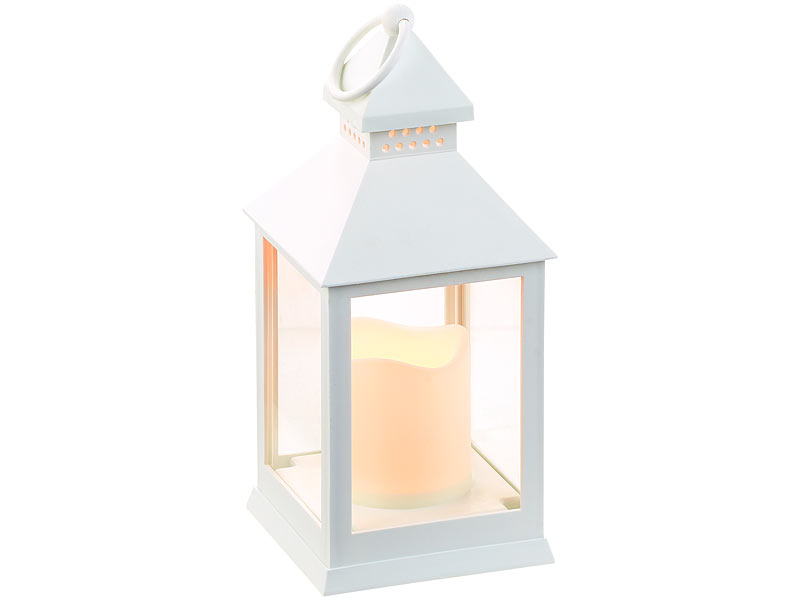 Laterne mit flackernder LED-Kerze und Timer, Batteriebetrieb, weiss