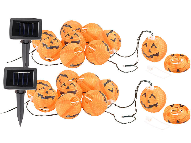 2er-Set Solar-Lichterketten mit 10 LED-Lampions, Halloween-Kürbis-Look