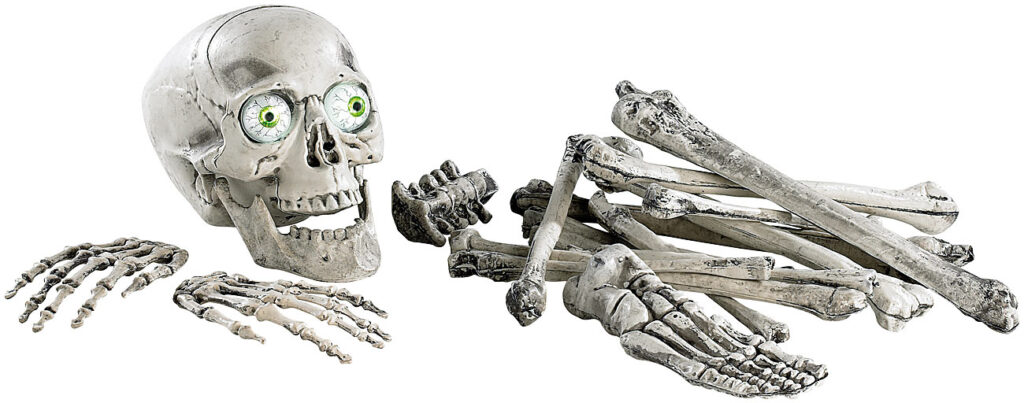 18-teiliges Grusel-Skelett: Totenschädel & Knochen mit Sound