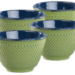 4er-Set asiatische Teebecher aus Gusseisen und Emaille, olivgrün