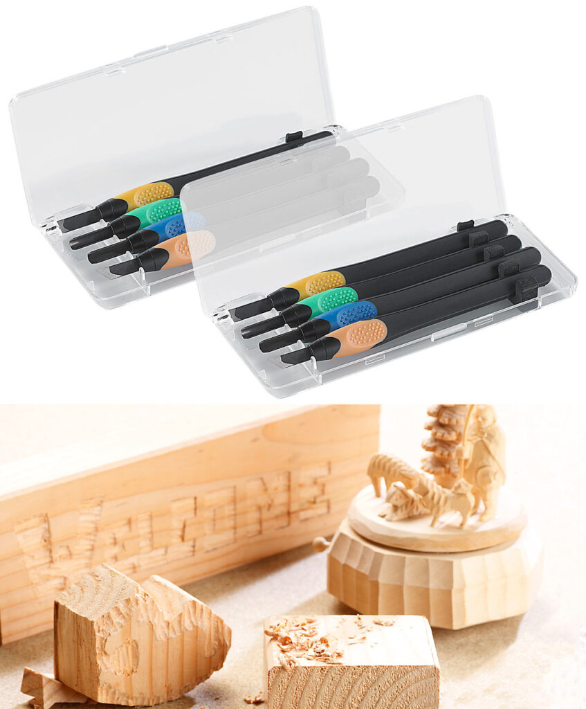 2er-Set Holzschnitzwerkzeuge, je 4-teilig in robuster Dose