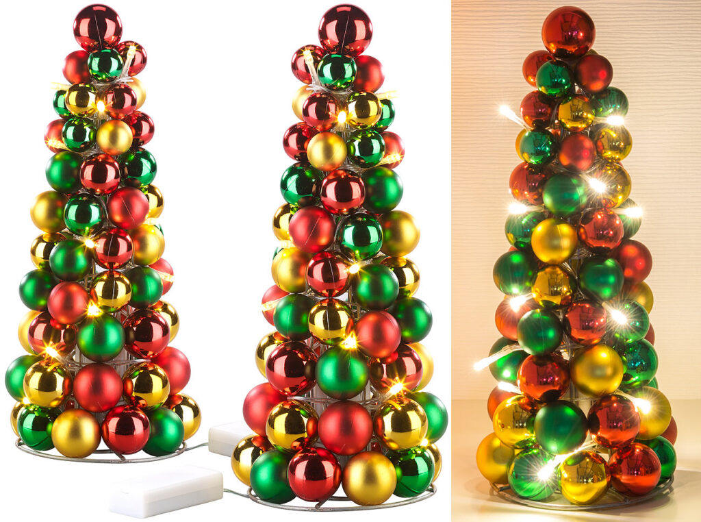 2er-Set LED-beleuchtete Weihnachtsbaum-Pyramiden mit bunten Kugeln