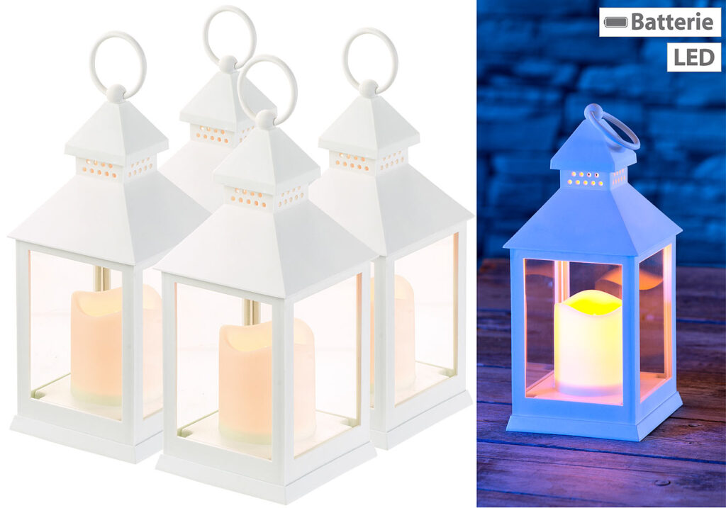 4er Pack Laterne mit flackernder LED-Kerze und Timer, Batteriebetrieb, weiss