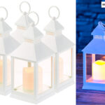 4er Pack Laterne mit flackernder LED-Kerze und Timer, Batteriebetrieb, weiss