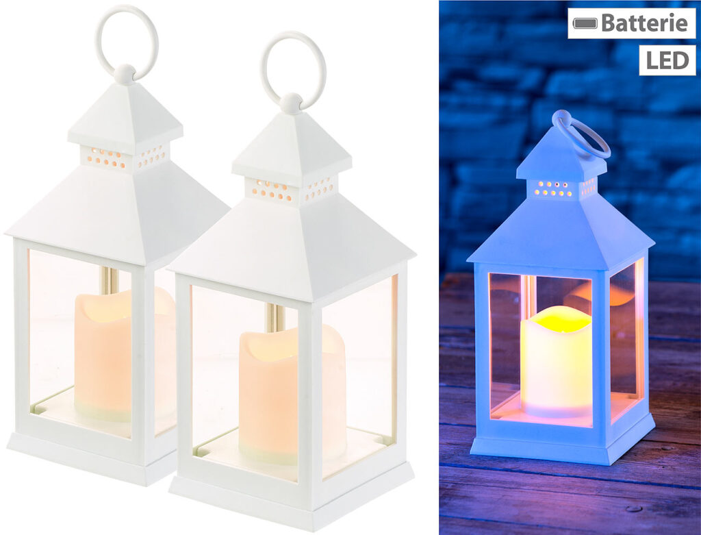 2er Pack Laterne mit flackernder LED-Kerze und Timer, Batteriebetrieb, weiss