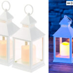 2er Pack Laterne mit flackernder LED-Kerze und Timer, Batteriebetrieb, weiss