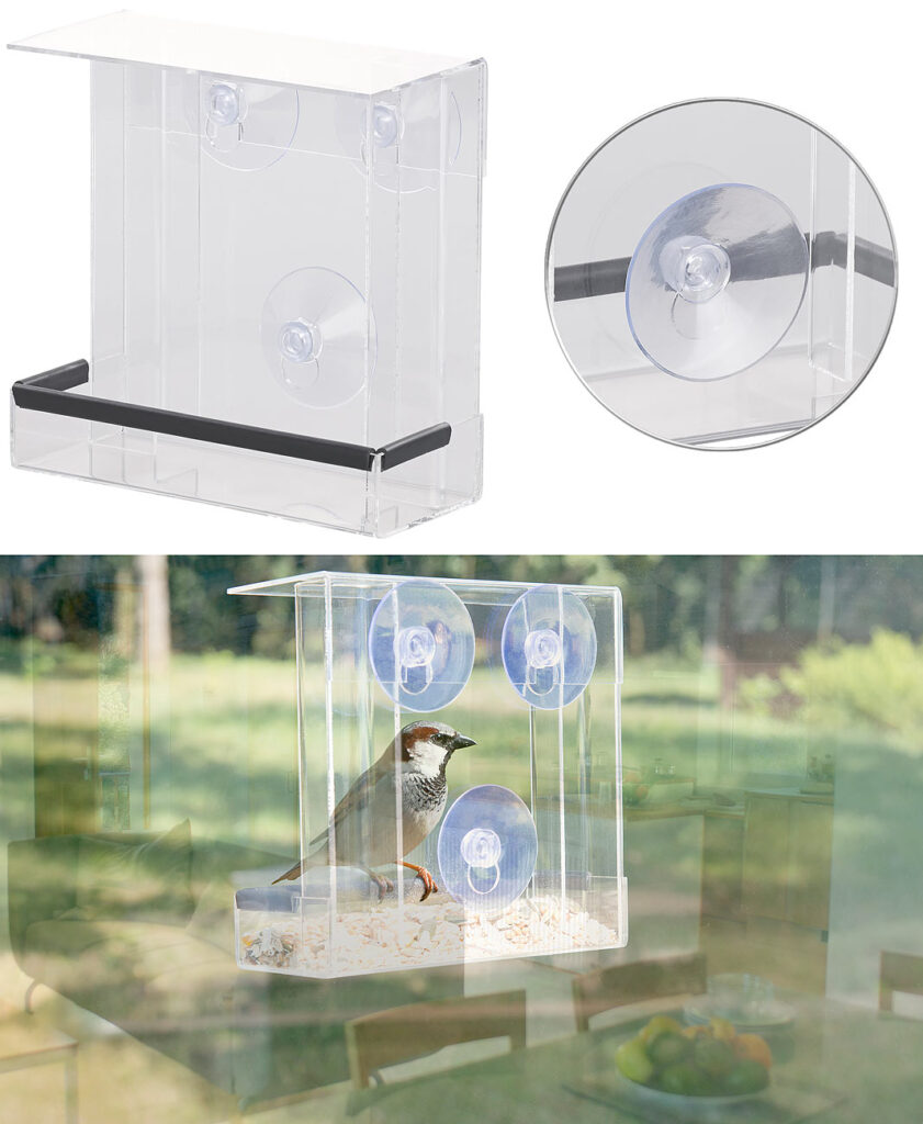 Vogel-Futterhaus aus Acryl mit 2 Futtersilos, Saugnapf-Befestigung