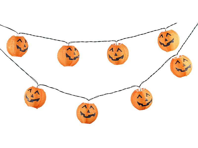 LED-Lichterkette mit 10 Lampions im Halloween-Kürbis-Look, Timer, IP44