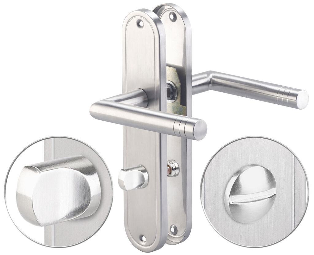 Edelstahl-Türbeschlag-Setfür Bad & WC, 2 Klinken, Langschild-Garnitur