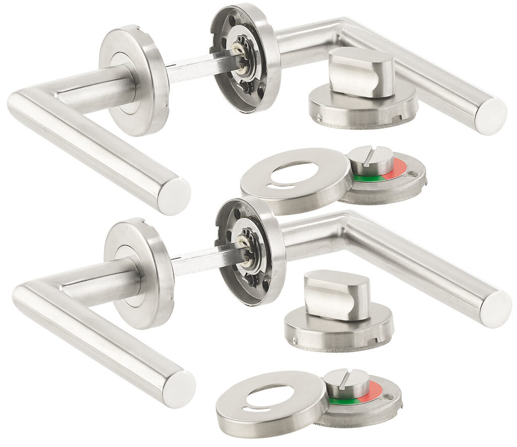 2er-Set Edelstahl-Türbeschläge, 4 Türklinken, 4 Rosetten, für Bad & WC