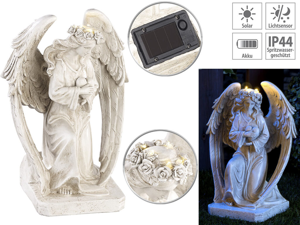 Kniende Solar-LED-Schutzengel-Figur, 24,5 cm, für innen & aussen