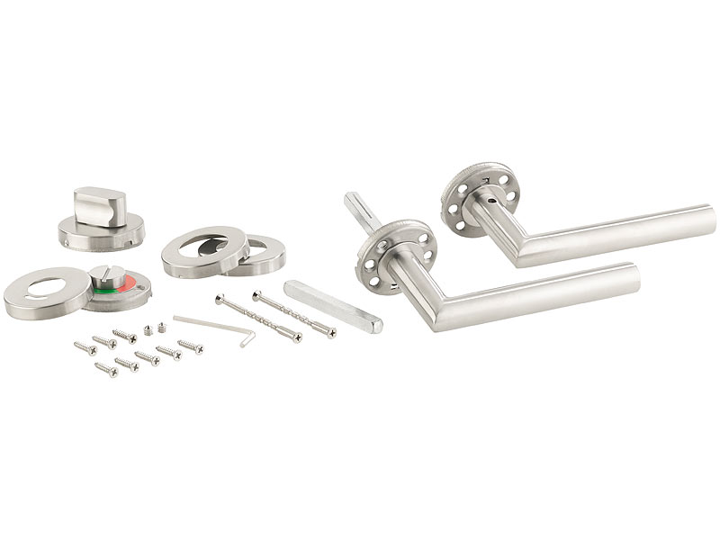Edelstahl-Türbeschlag, 2 Türklinken & Rosetten-Garnitur, für Bad & WC