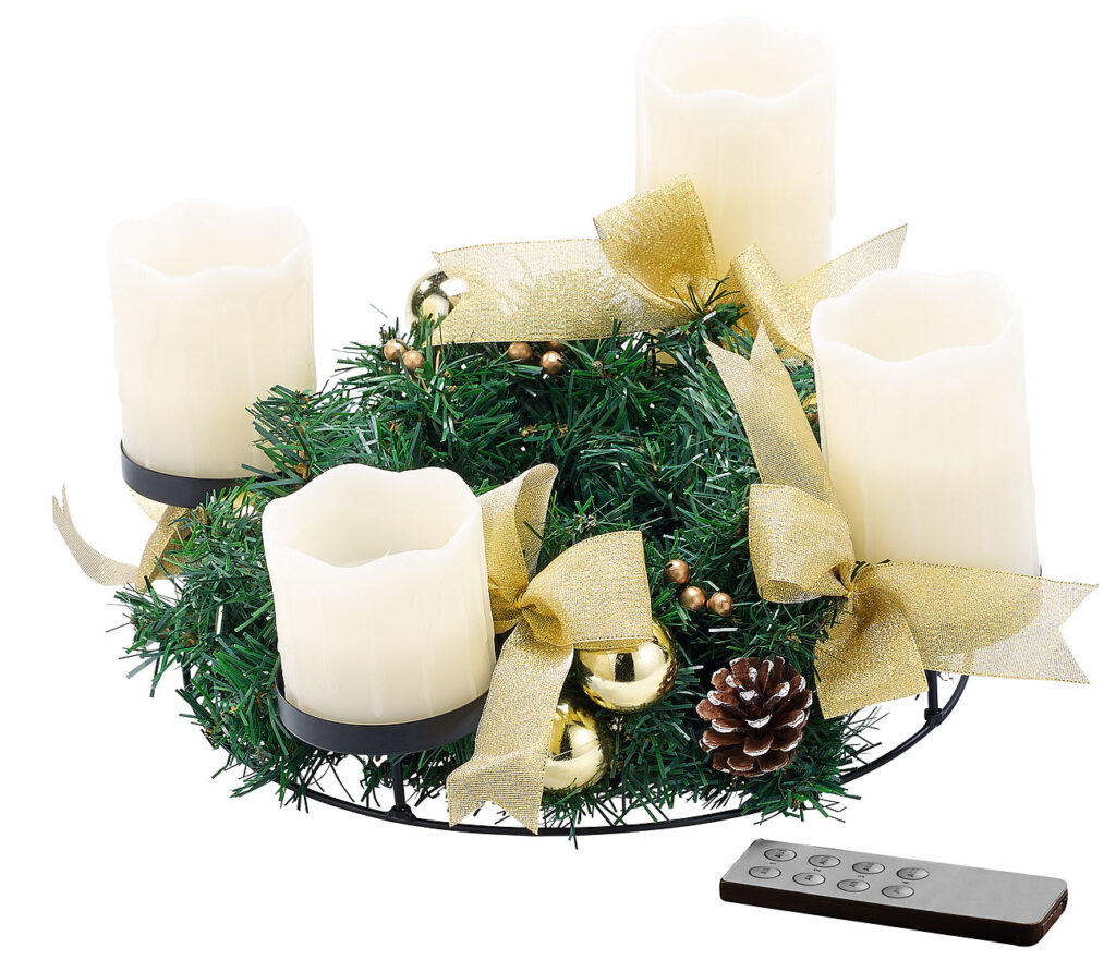 Adventskranz, golden, 4 weisse LED-Kerzen mit bewegter Flamme
