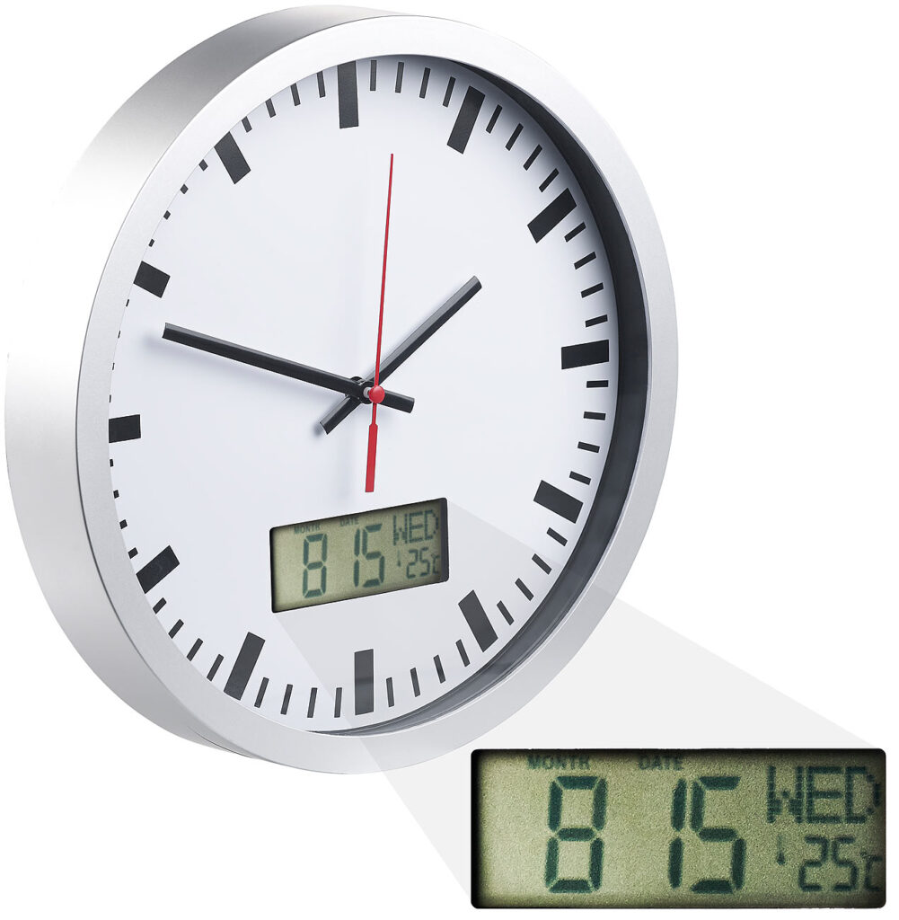 Analoge Wanduhr, digi. Datums- & Temperaturanzeige, Bahnhofsuhr-Design