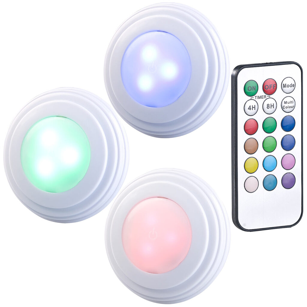 3er-Set RGB+W-LED-Unterbauleuchten, Fernbedienung, Timer, erweiterbar