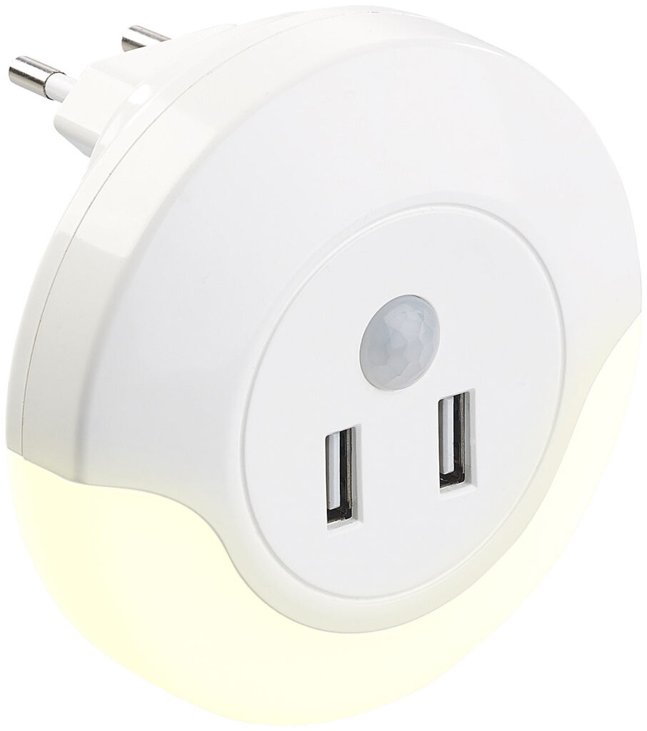 LED-Steckdosen-Nachtlicht mit PIR- und Lichtsensor, 2x USB (10 Watt) LED-Steckdosen-Nachtlicht mit PIR- und Lichtsensor, 2x USB (10 Watt)