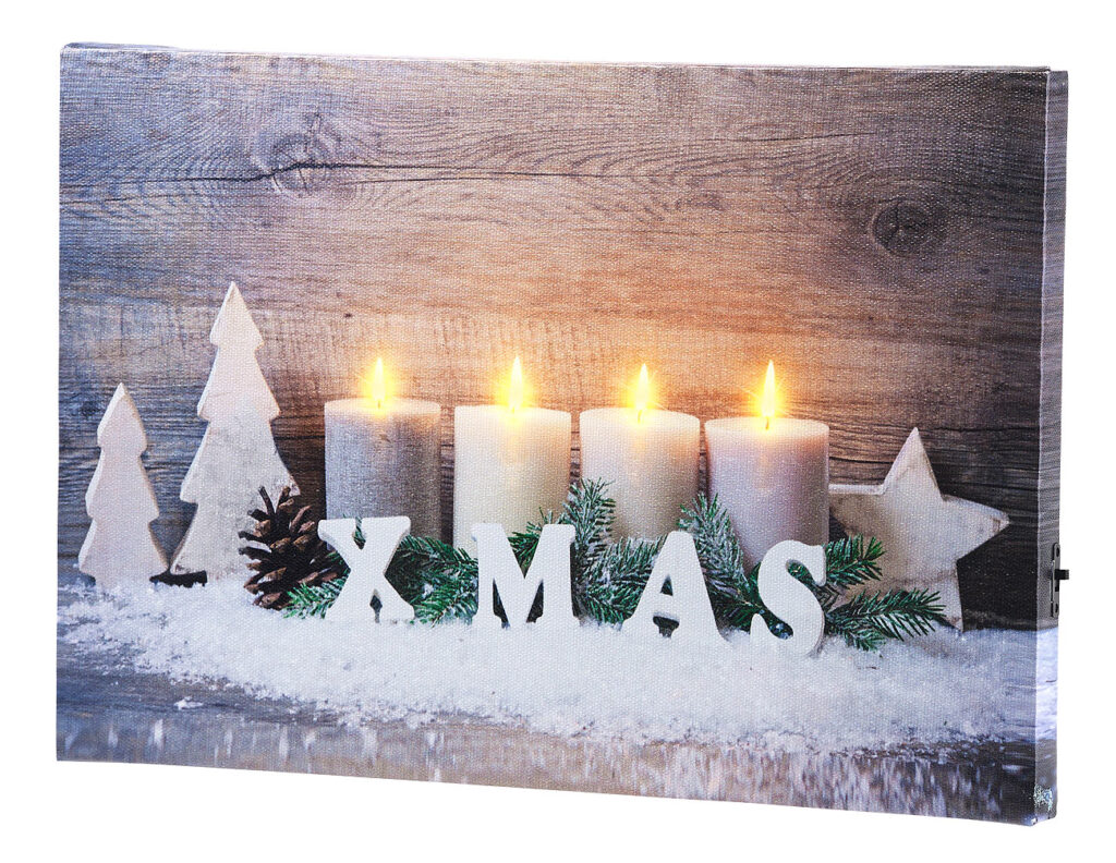 Wandbild „Kerzen im Schnee“ mit LED-Beleuchtung, 30 x 20 cm