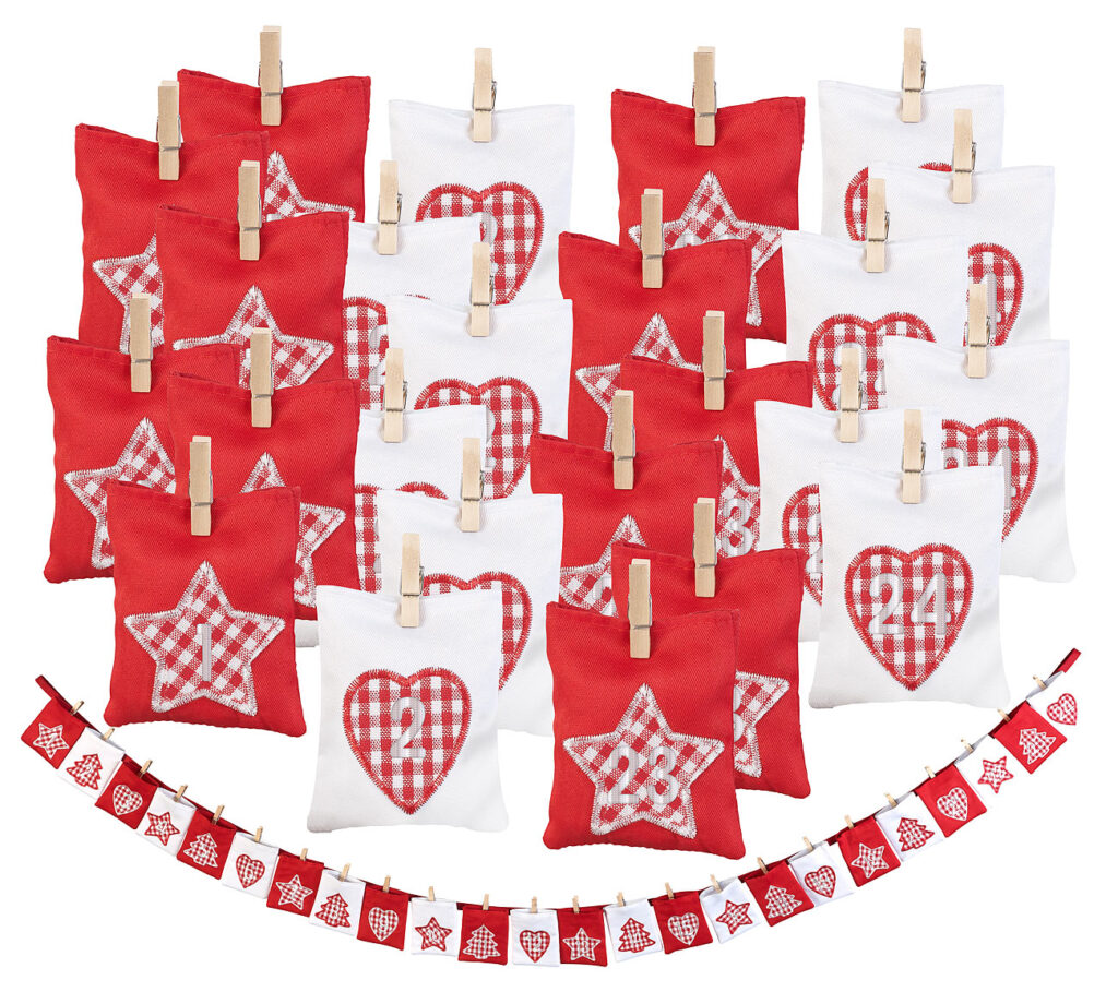 Adventskalender-Girlande mit 24 Säckchen, 9 x 7,5 cm, 185 cm lang
