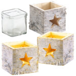3er-Set Windlichter, Holz, Stern-Motiv, herausnehmbares Teelicht-Glas